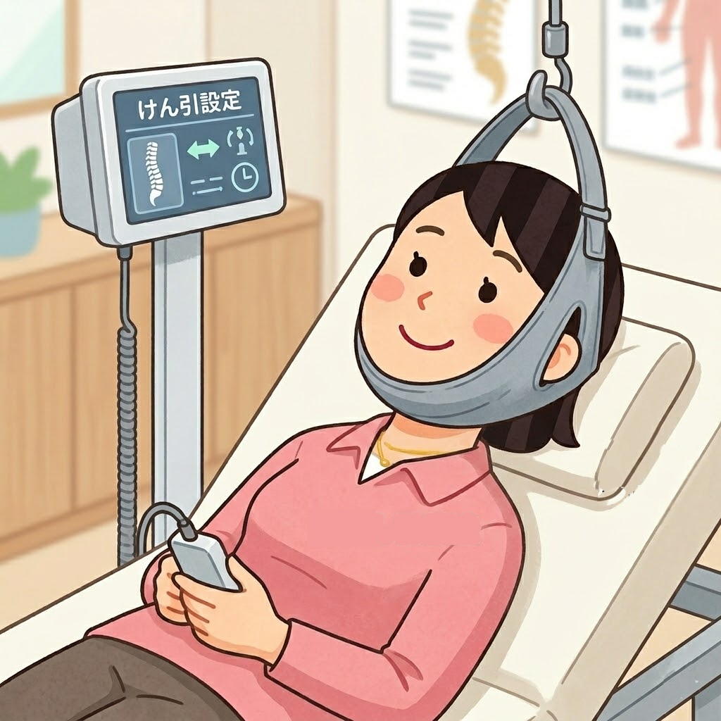 首を機械でけん引する女性