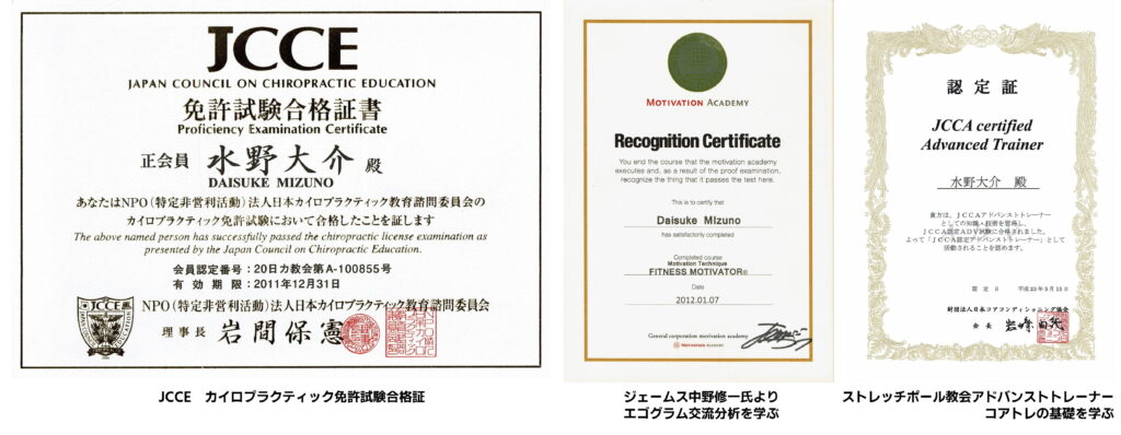 JCCE　カイロプラクティック免許試験合格証 ジェームス中野修一氏よりエゴグラム交流分析を学ぶ ストレッチポール教会アドバンストトレーナーコアトレの基礎を学ぶ